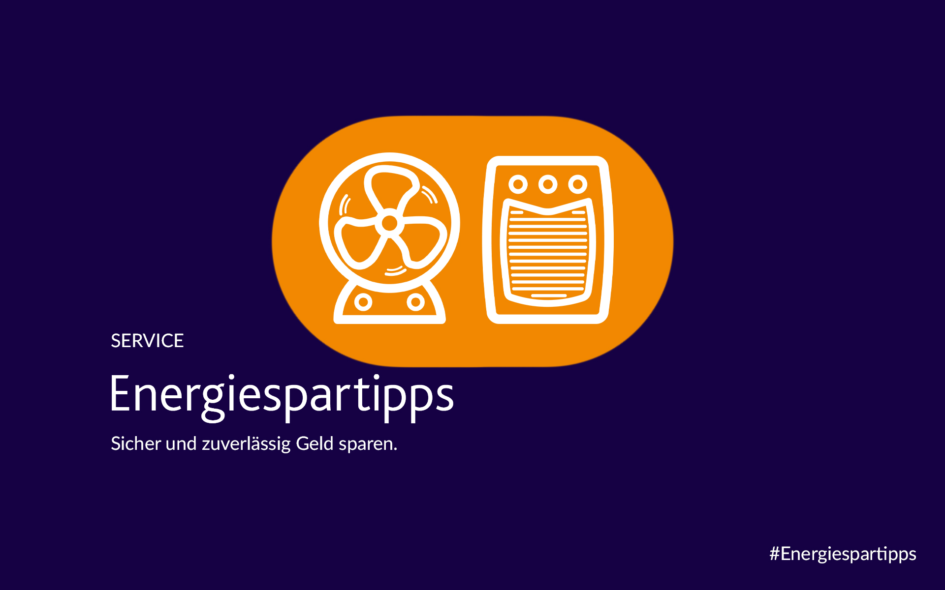 Prima Klima 2 Piktogramm eines Ventilators und eines Heizlüfters mit dem Titel "Energiespartipps".