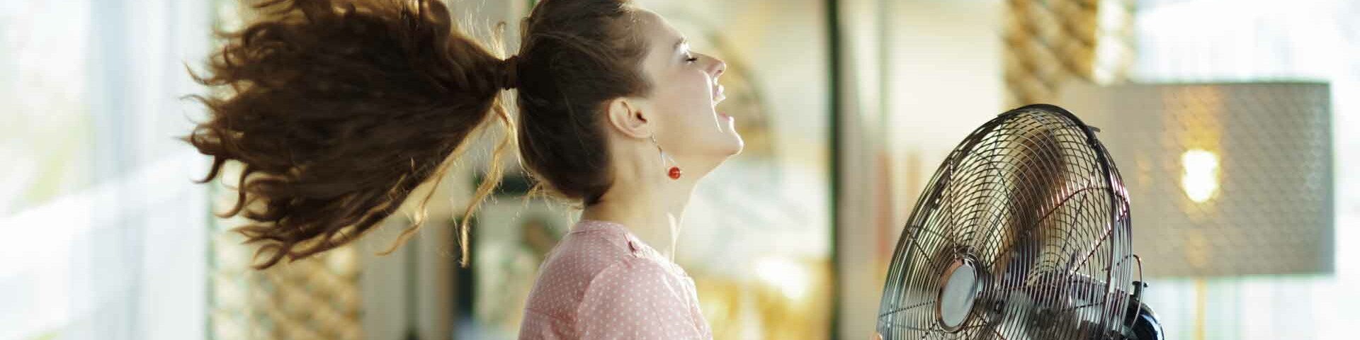 Wohnung Frau steht vor Ventilator, die Haare wehen