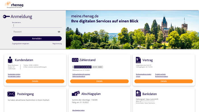 Benutzeroberfläche des rhenag Kundenportals.